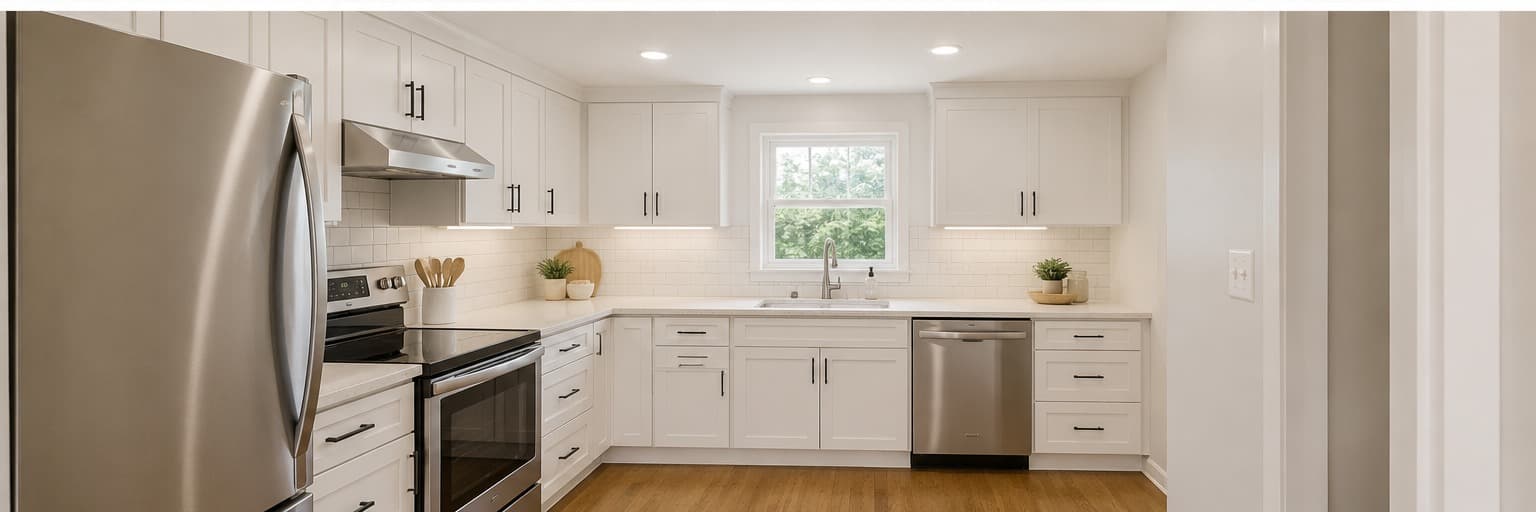 Kitchen after remodel — white shaker cabinets, quartz counters, recessed lighting