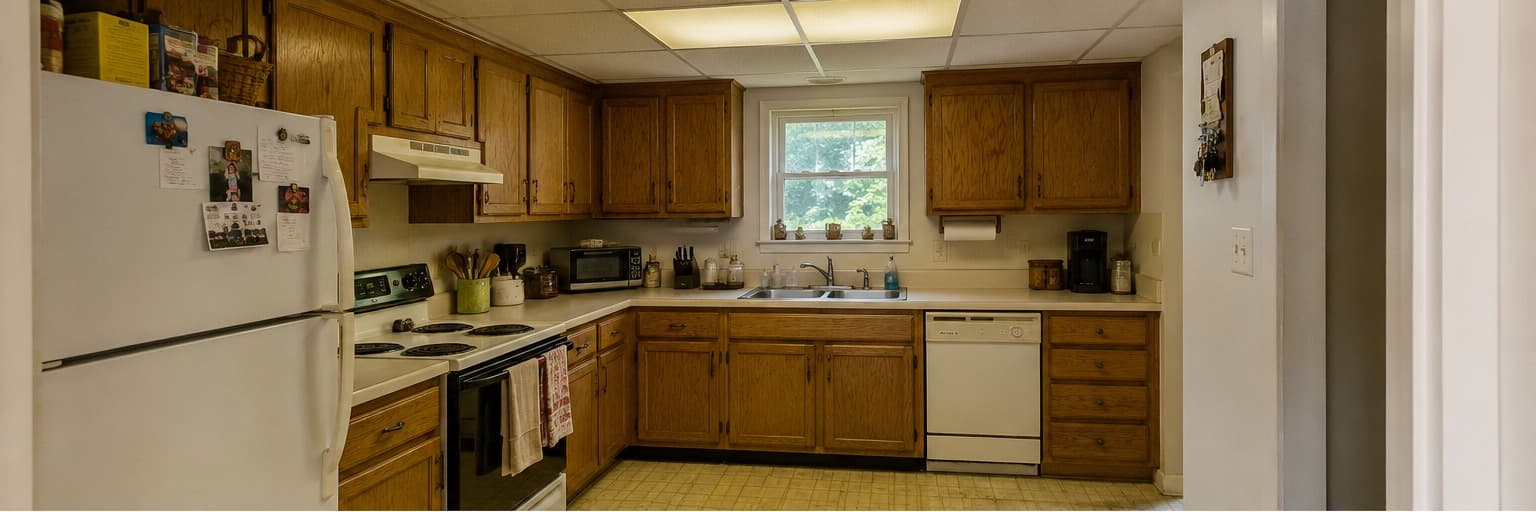 Kitchen before remodel — dated oak cabinets, drop ceiling, coil range